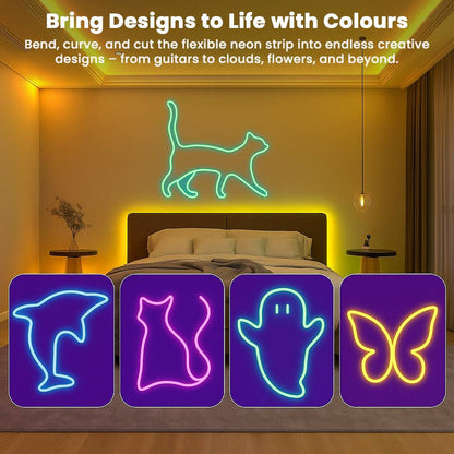 TECPHILE Neon Rope Lights used for colorful wall art designs like cats, dolphins, and butterflies, ideal for creative home decor.