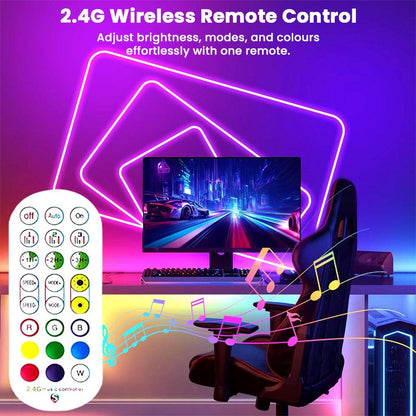 Wireless remote control for TECPHILE Neon Rope Lights enabling easy brightness, mode, and color adjustments in a gaming room setup.