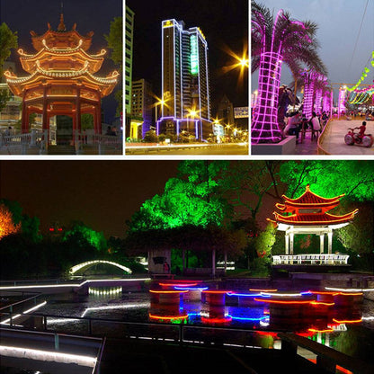 Outdoor decorative lighting using TECPHILE RGB LED neon rope lights on buildings, trees, and structures for vibrant night displays.