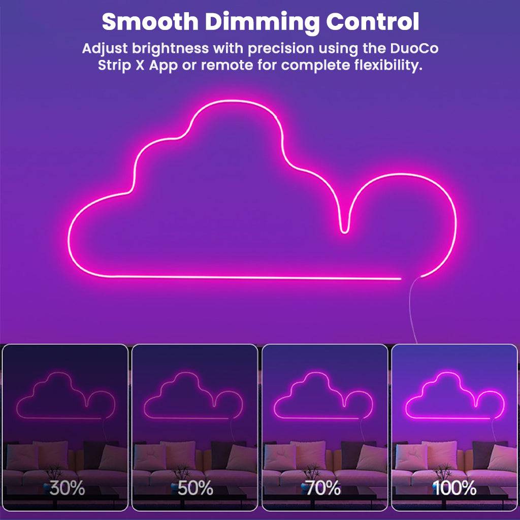 TECPHILE Neon Rope Lights with smooth dimming control via app or remote, shown in a pink cloud wall design with adjustable brightness levels.