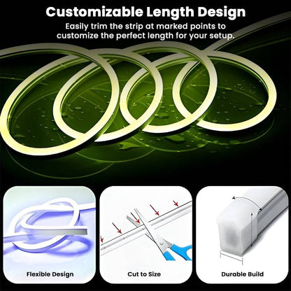 Customizable TECPHILE RGB LED neon strip lights with flexible design, cut-to-size feature, and durable build for personalized setups.