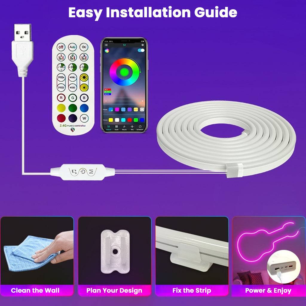 Easy installation guide for TECPHILE RGB LED neon rope lights showing steps from cleaning to powering up with USB connection.