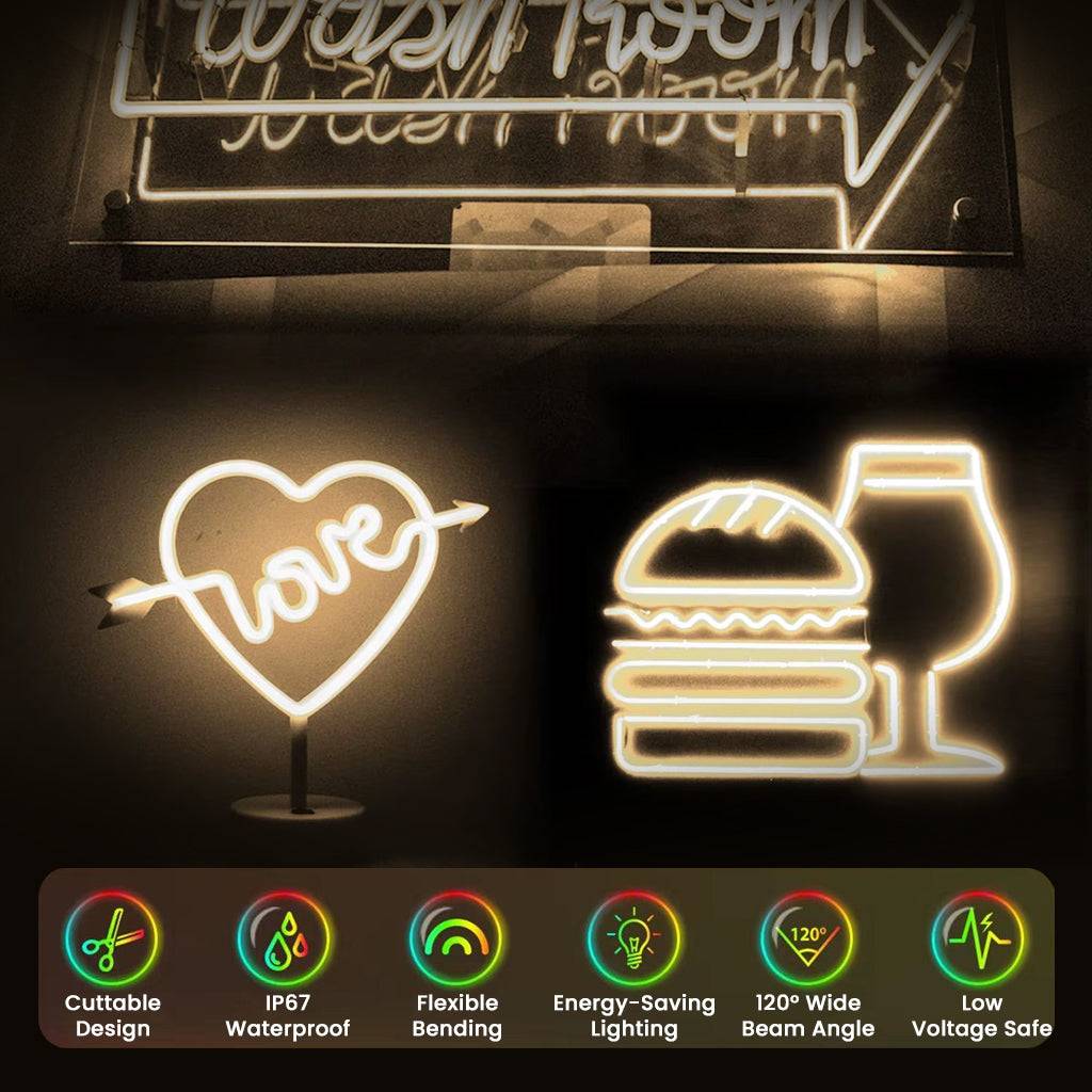 Creative neon signs made with TECPHILE LED rope lights featuring waterproof, energy-saving, and flexible bending capabilities.