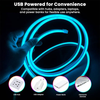 USB-powered TECPHILE RGB LED neon rope lights compatible with USB hubs, adapters, laptops, and power banks for flexible use.