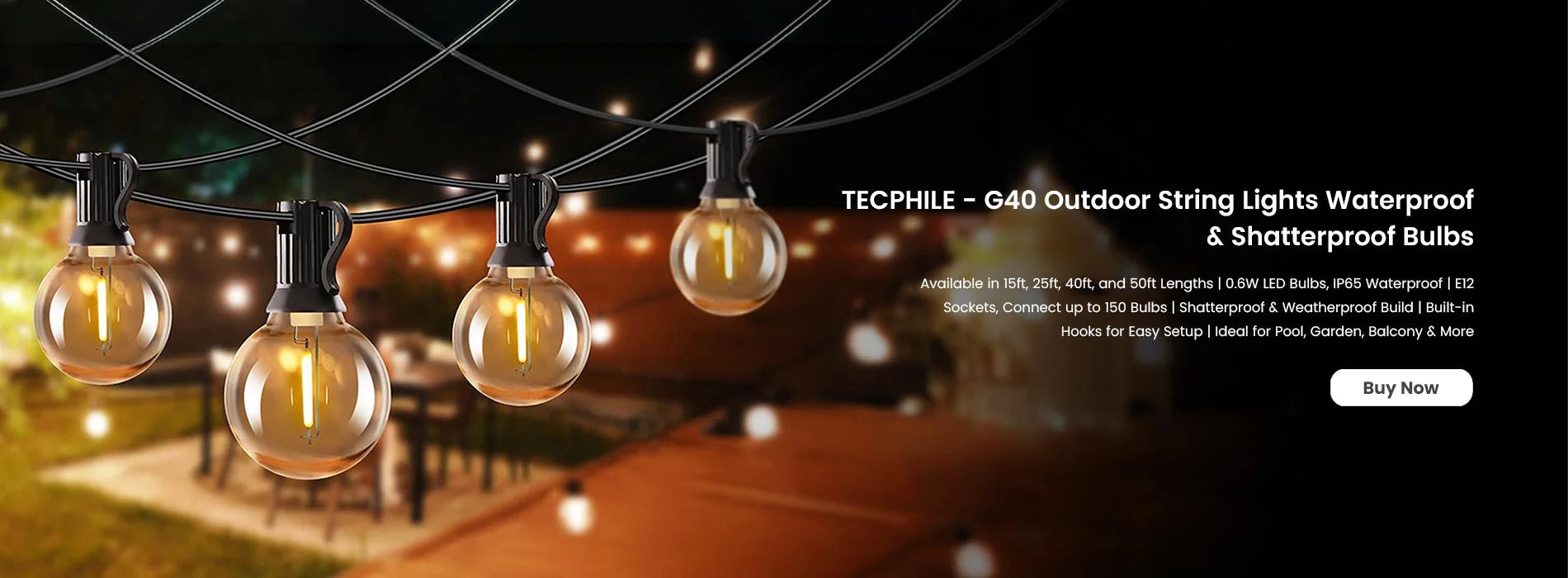 TECPHILE - G40 Outdoor String Lights Waterproof & Shatterproof Bulbs