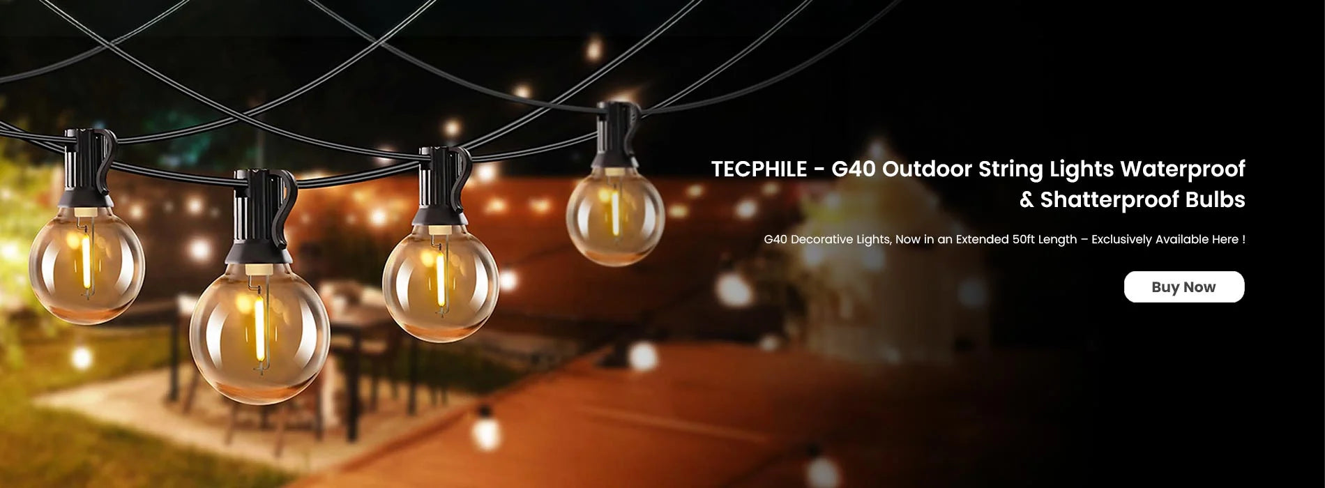 TECPHILE - G40 Outdoor String Lights Waterproof & Shatterproof Bulbs