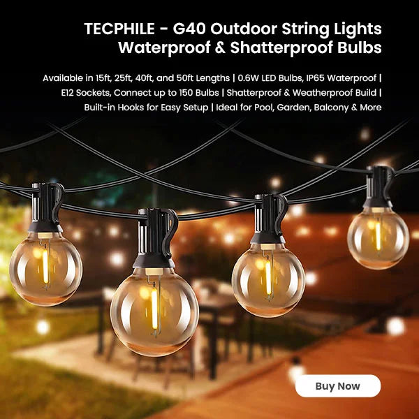 TECPHILE - G40 Outdoor String Lights Waterproof & Shatterproof Bulbs