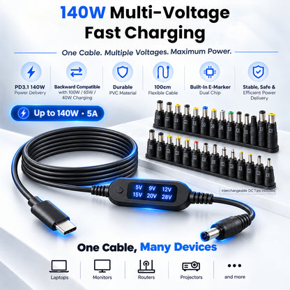 TECPHILE PD 140W USB C to DC Power Cable & Adapter with Digital Display