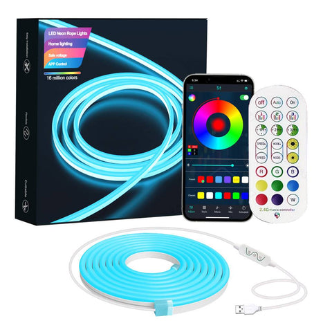 TECPHILE Neon Rope Lights - RGB Strip Lights with 5V adapter, app control, and remote for home lighting. Includes USB-powered LED rope.