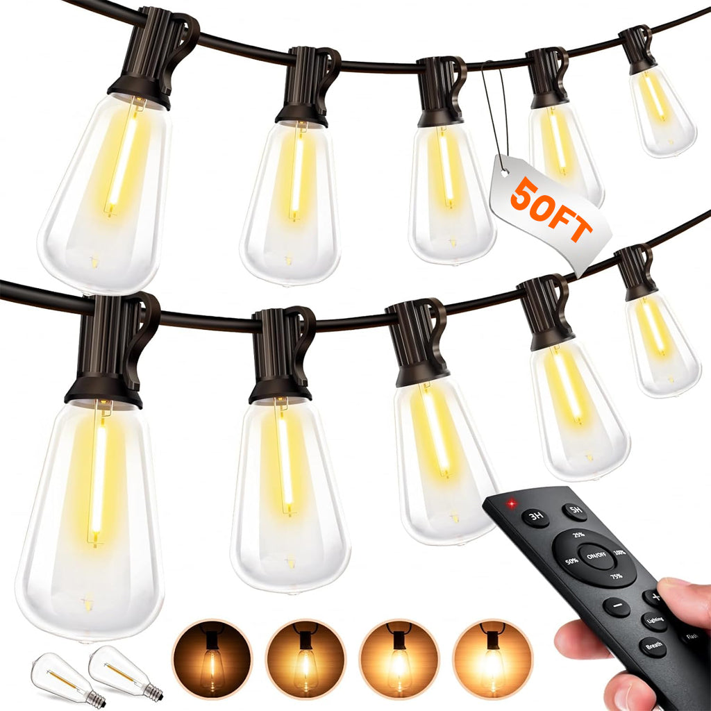 TECPHILE ST38 50ft outdoor string lights with dimmable waterproof bulbs and remote control, ideal for patios and garden lighting.