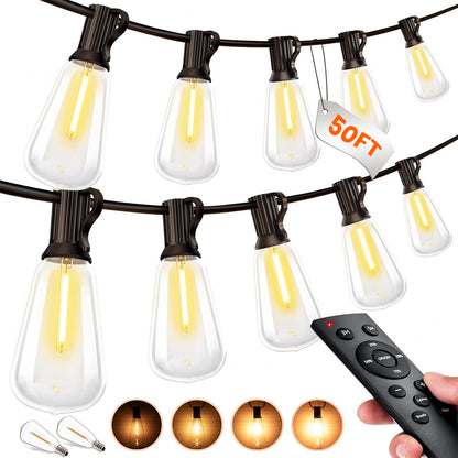 TECPHILE ST38 50ft outdoor string lights with dimmable waterproof bulbs and remote control, ideal for patios and garden lighting.