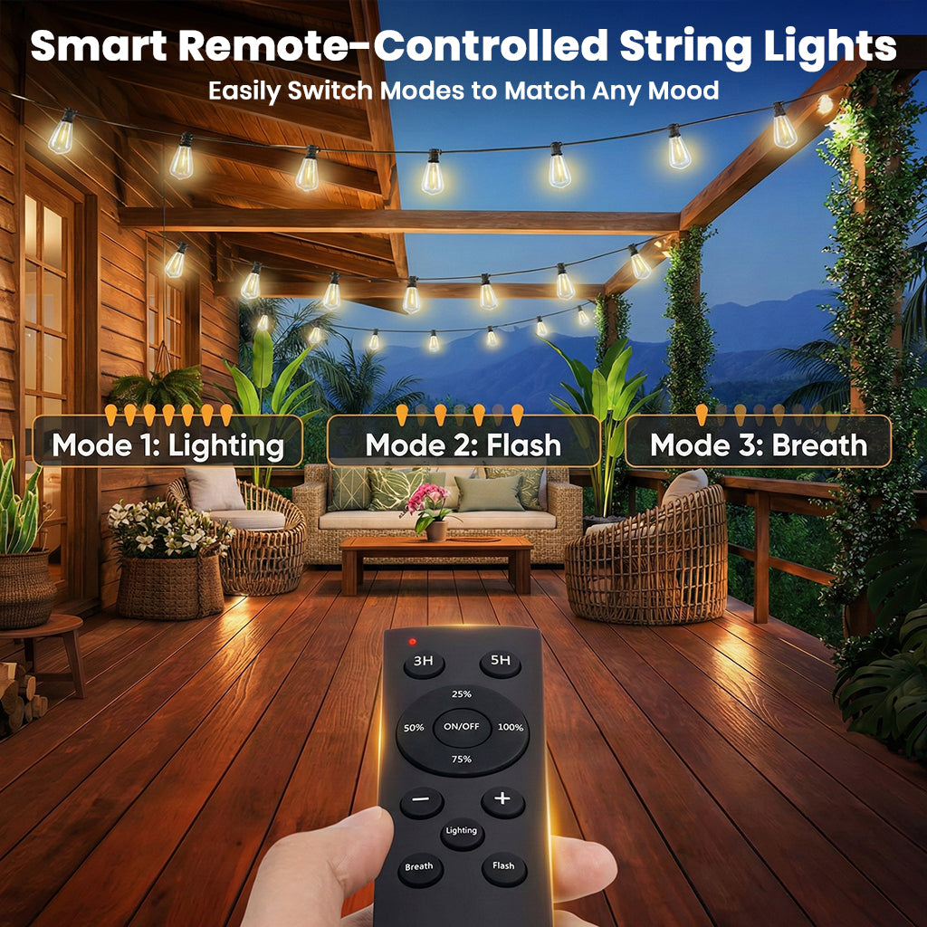 Smart remote-controlled TECPHILE string lights with 3 lighting modes for patios and decks, enhancing outdoor ambiance.