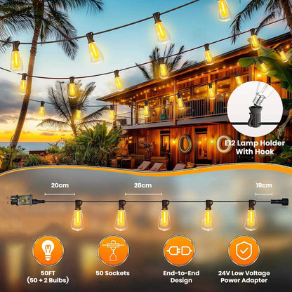 TECPHILE 50ft outdoor string lights with 50 E12 sockets, low voltage adapter, and end-to-end design for extended coverage.
