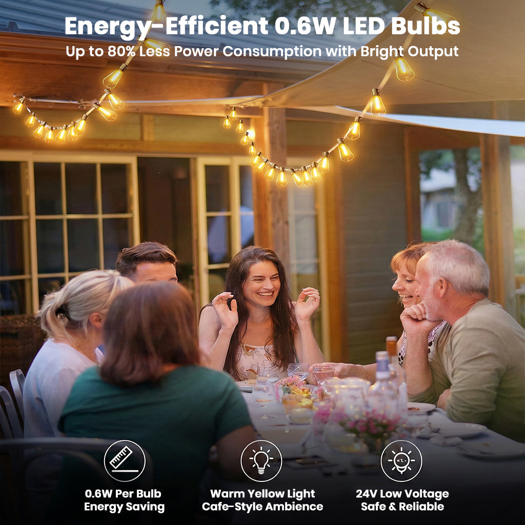 TECPHILE – ST38 50ft outdoor string lights with waterproof and dimmable LED bulbs hanging over a patio dinner setting, creating a warm yellow café-style ambience. Ideal for home & garden lighting with energy-efficient 0.6W bulbs and 24V low voltage safety.