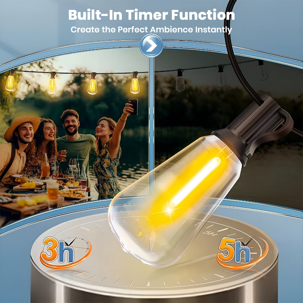 TECPHILE ST38 string lights with built-in timer function for 3h or 5h auto shut-off, perfect for outdoor gatherings and events.