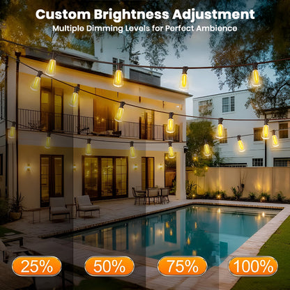 TECPHILE 50ft dimmable outdoor string lights with 4 brightness levels from 25% to 100%, enhancing backyard or poolside ambiance.