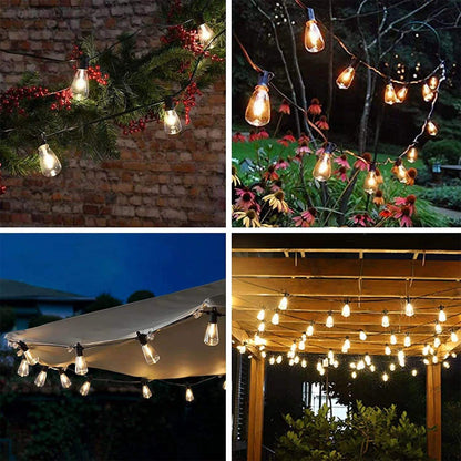 TECPHILE ST38 50ft outdoor string lights displayed in various outdoor settings like gardens, patios, and gazebos for versatile decor.