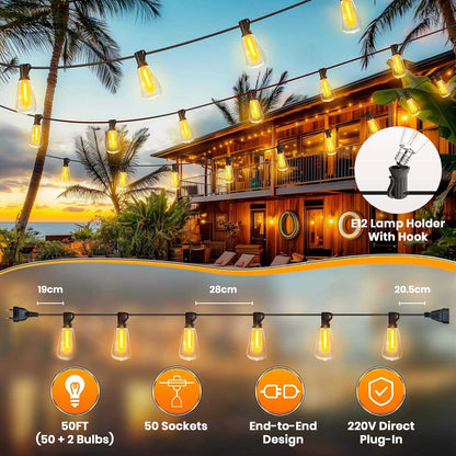 TECPHILE – ST38 50ft Outdoor String Lights Waterproof & Shatterproof Bulbs