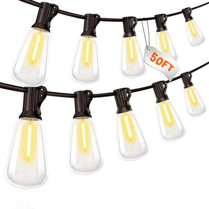 TECPHILE ST38 50ft outdoor string lights with waterproof and shatterproof bulbs, ideal for patios and garden lighting setups.
