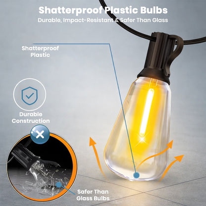 Close-up of TECPHILE ST38 shatterproof plastic bulb showing impact-resistant design, perfect for outdoor decorative lighting.