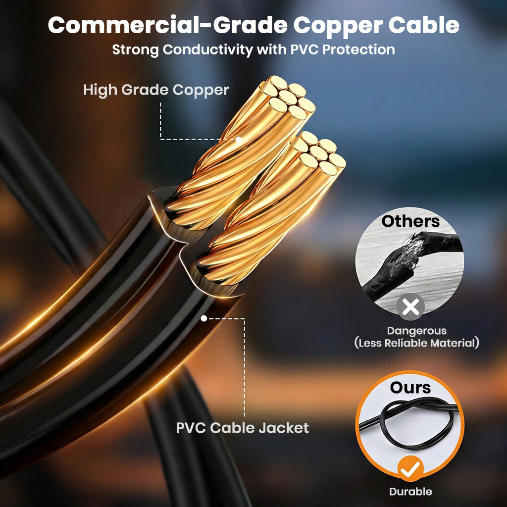 Commercial-grade copper cable with PVC protection on TECPHILE ST38 string lights ensures durability and strong conductivity.