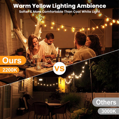 Comparison of TECPHILE ST38 warm yellow lighting vs cool white light, showing a cozier 2200K glow for outdoor ambiance.