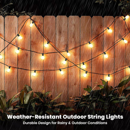 TECPHILE ST38 weather-resistant outdoor string lights hanging on a fence, designed for durability in rainy conditions.