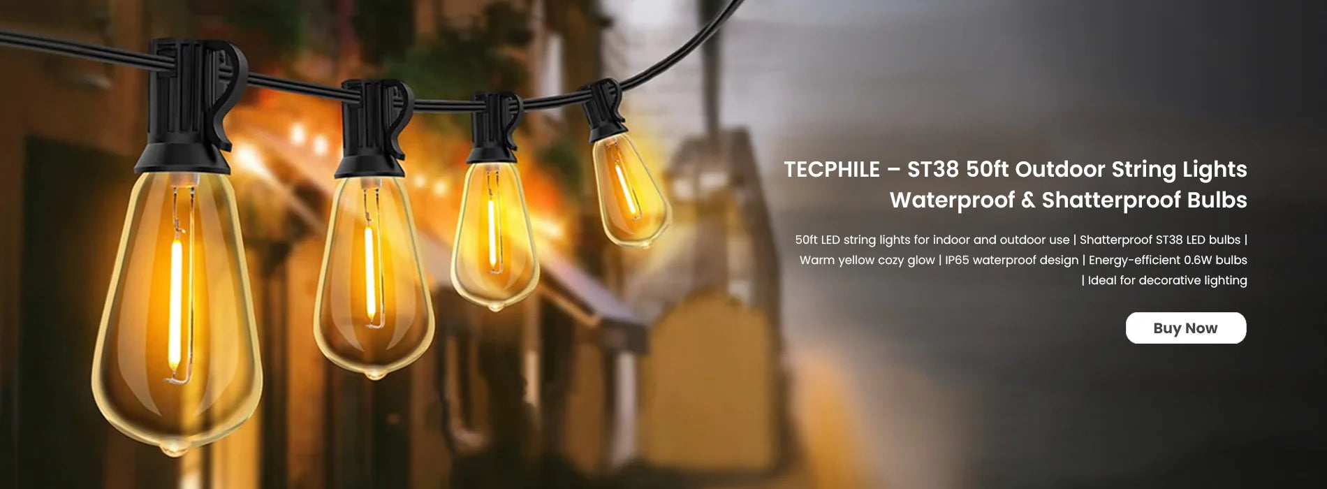 Outdoor String Lights Waterproof & Shatterproof Bulbs