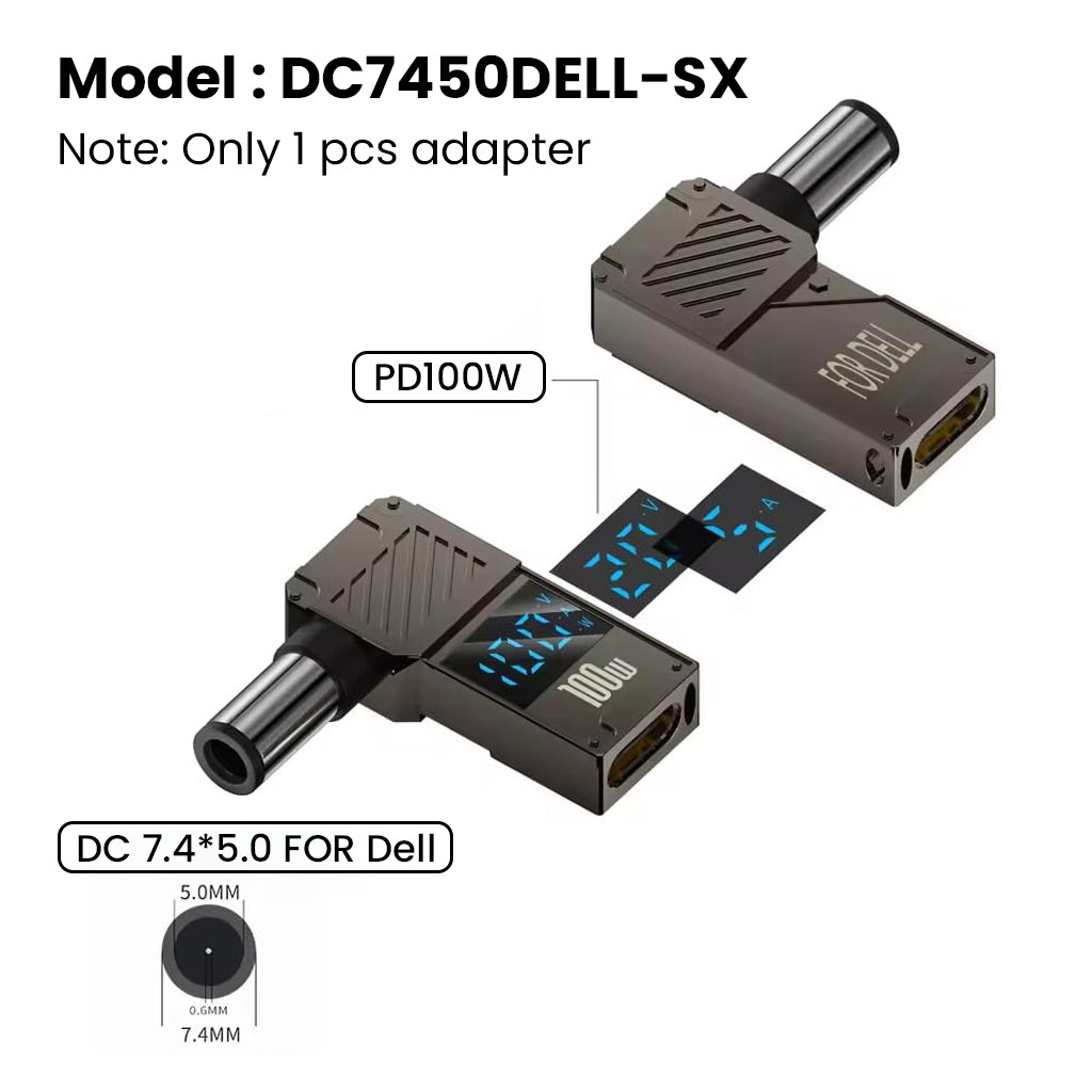 TECPHILE DC7450DELL-SX adapter with 7.4x5.0mm DC plug and digital display, supports 100W PD input for Dell laptop charging.