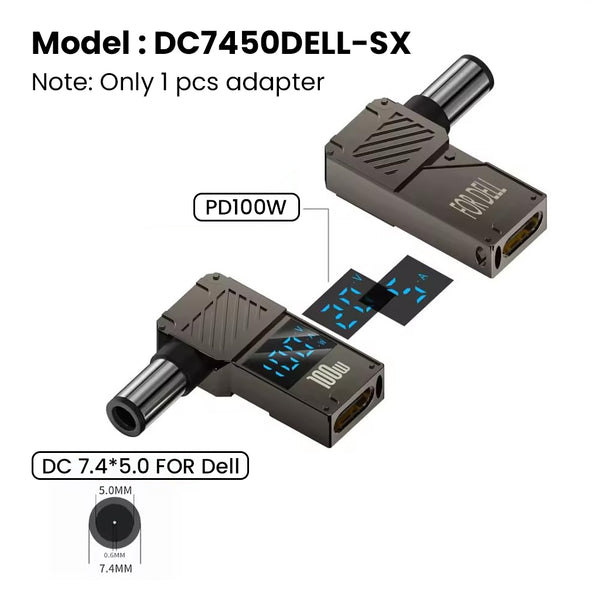 TECPHILE 100W PD USB C to DC Adapter with Digital Display for DELL Laptop - 13