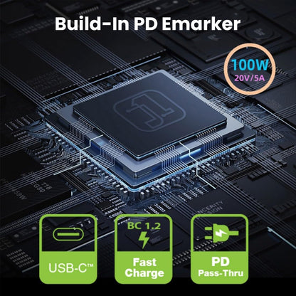TECPHILE Adapter with built-in PD Emarker chip supports USB-C fast charge, BC 1.2, and PD pass-thru for 100W power delivery.