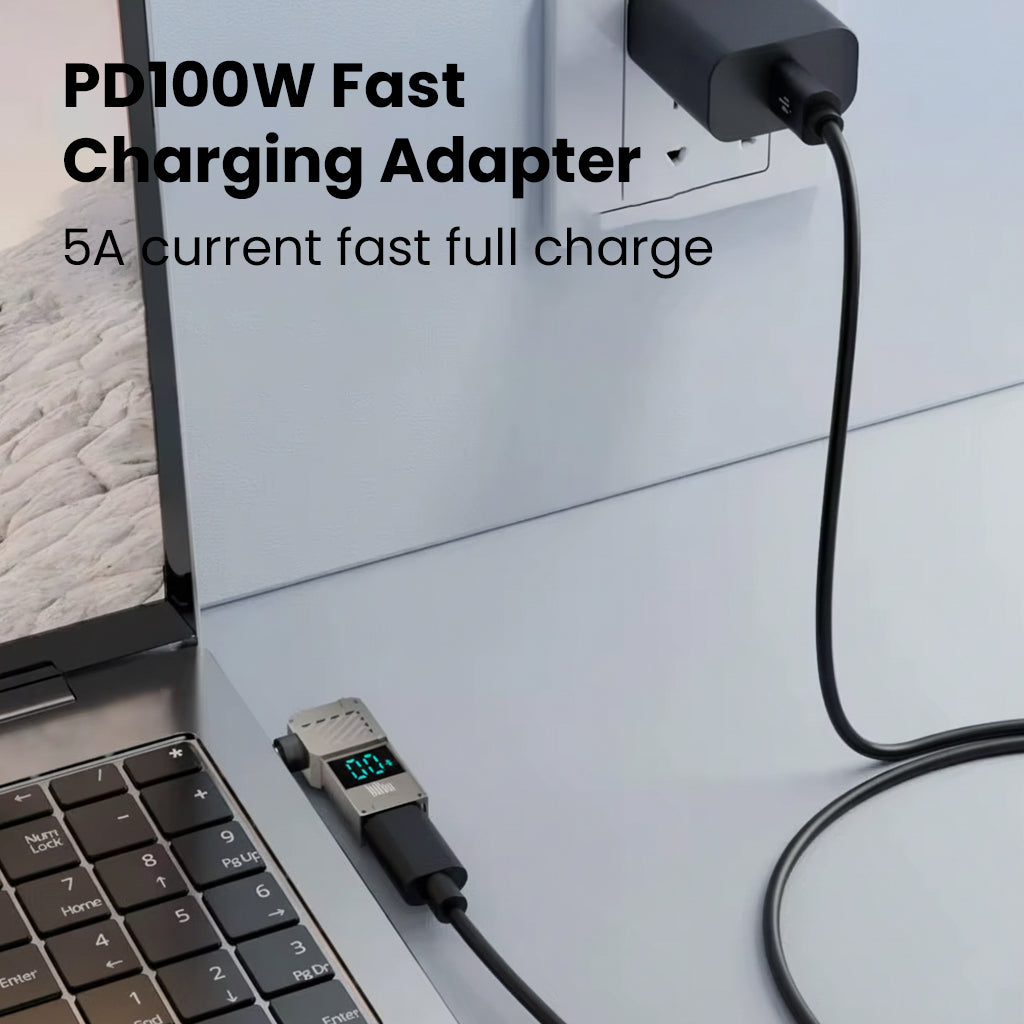 TECPHILE 100W USB-C DC Adapter with digital display connected to Dell laptop, showing real-time charging data for fast and safe power delivery.