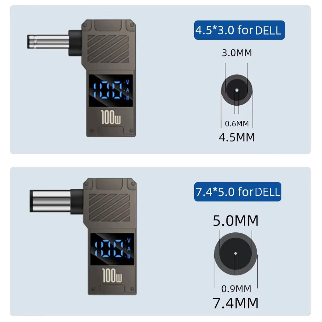 TECPHILE USB-C to DC adapter for Dell with 4.5x3.0mm and 7.4x5.0mm plug size options, compatible with multiple Dell laptop models.