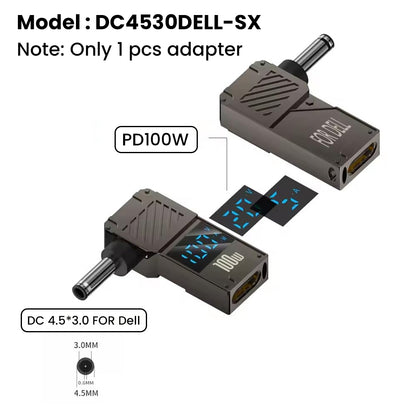 TECPHILE DC4530DELL-SX adapter with 100W PD input and digital display, includes 4.5x3.0mm DC plug for Dell laptops, compact and efficient.