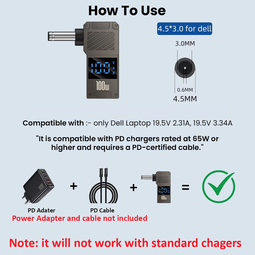 TECPHILE USB-C to DC adapter usage guide for Dell laptops, compatible with 65W+ PD chargers and PD-certified cables only.
