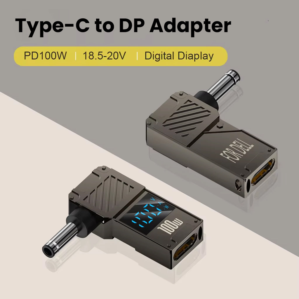 TECPHILE 100W Type-C to DC adapter for Dell with digital display, supports 18.5–20V output and compact travel-friendly design.