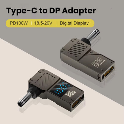TECPHILE 100W Type-C to DC adapter for Dell with digital display, supports 18.5–20V output and compact travel-friendly design.