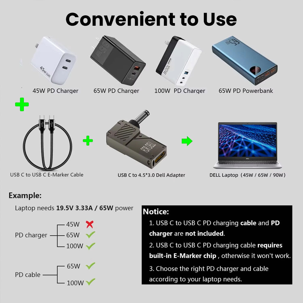 TECPHILE USB-C to DC adapter compatibility chart showing required PD charger wattage and cable types for Dell laptop charging.