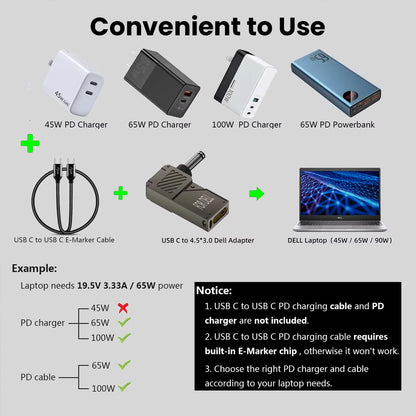 TECPHILE USB-C to DC adapter compatibility chart showing required PD charger wattage and cable types for Dell laptop charging.