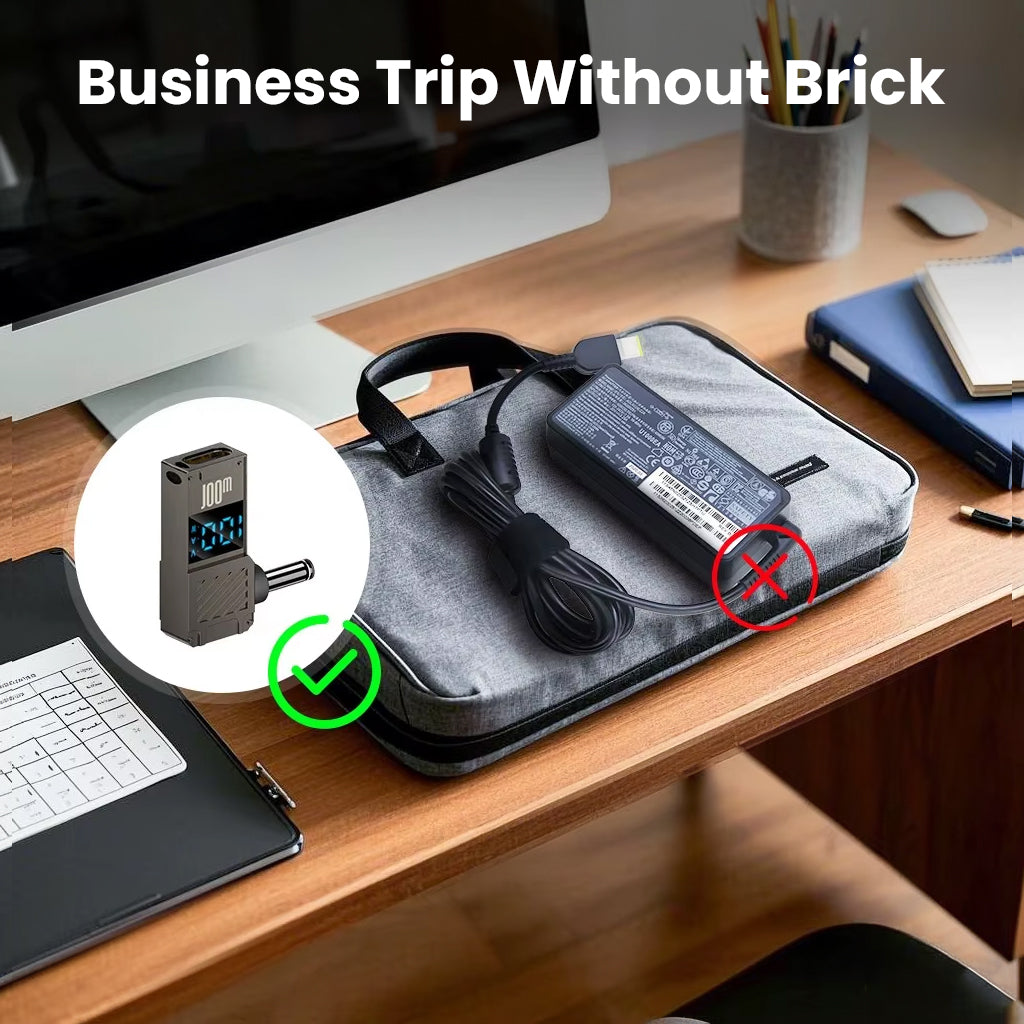 TECPHILE DC to Type-C Adapter fits easily in laptop bags, eliminating bulky chargers for business trips with 100W fast charging.