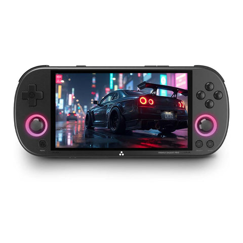 TRIMUI Smart Pro 5-inch handheld game console with preinstalled emulator, featuring a sleek black design and vibrant display for retro gaming.