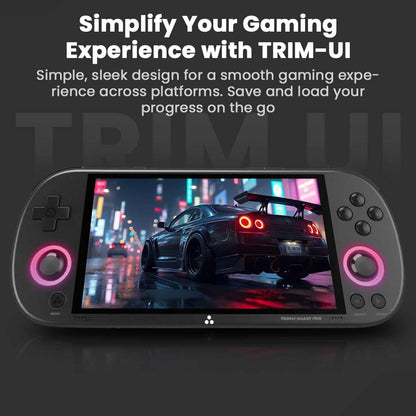 TRIMUI Smart Pro gaming console with TRIM-UI, offering a sleek interface for smooth gaming across platforms, allowing users to save and load progress easily.
