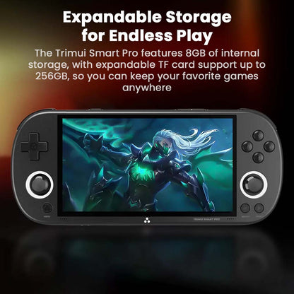 TRIMUI Smart Pro gaming console with 8GB internal storage and expandable TF card support up to 256GB, ensuring ample space for favorite retro games.