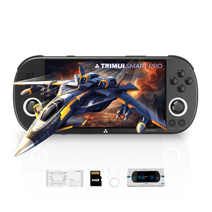 TRIMUI Smart Pro 5-inch handheld game console with accessories, including a charging cable, user manual, and 64GB TF card, for an enhanced gaming experience.