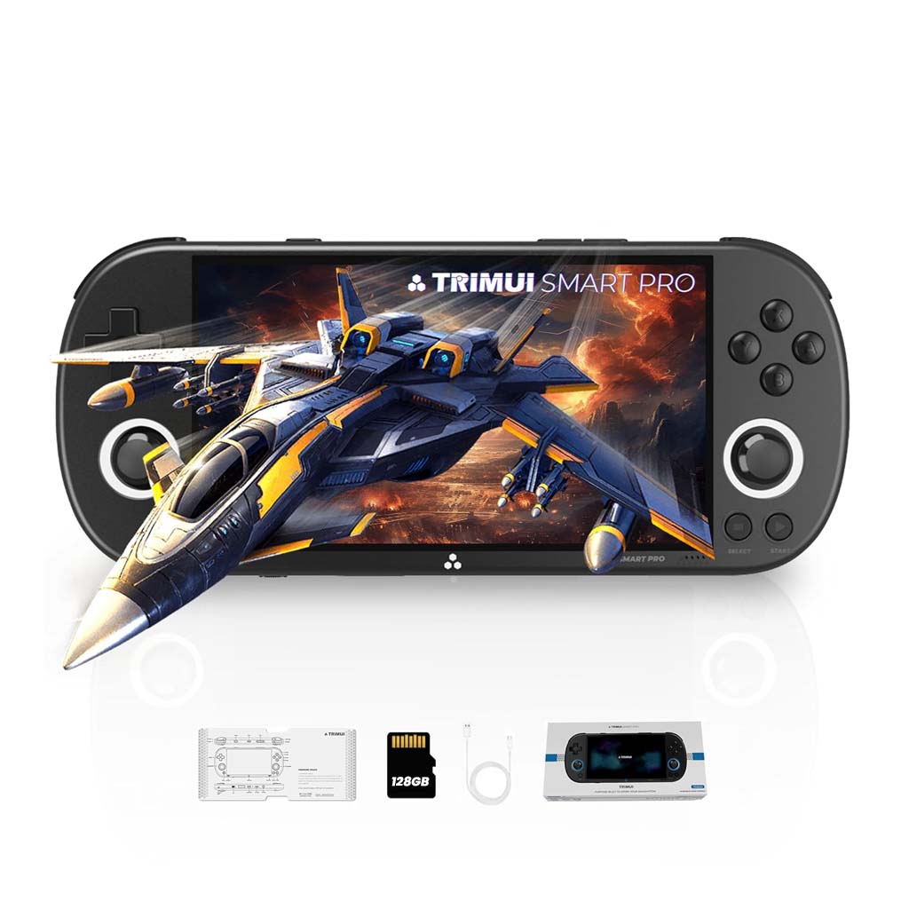 TRIMUI Smart Pro 5-inch handheld game console with accessories, including a charging cable, user manual, and TF card, for a complete gaming experience.