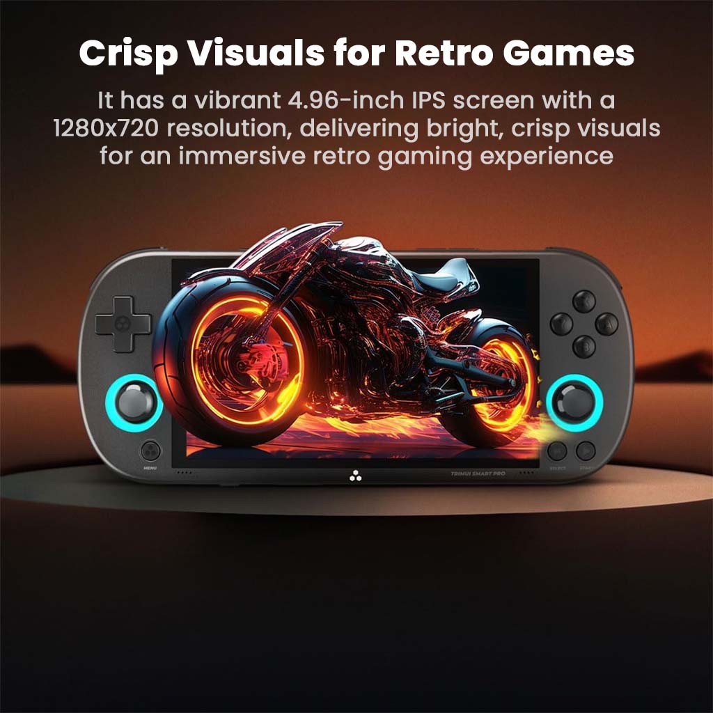 TRIMUI Smart Pro handheld console with a 4.96-inch IPS screen, delivering 1280x720 resolution for crisp visuals and an immersive retro gaming experience.