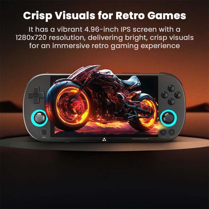 TRIMUI Smart Pro handheld console with a 4.96-inch IPS screen, delivering 1280x720 resolution for crisp visuals and an immersive retro gaming experience.