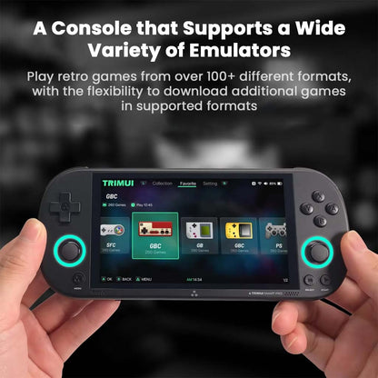 TRIMUI Smart Pro console supporting over 100+ emulator formats, allowing users to play and download a wide variety of retro games effortlessly.