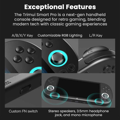 TRIMUI Smart Pro handheld console featuring customizable RGB lighting, stereo speakers, 3.5mm headphone jack, and a mono microphone for enhanced gaming.