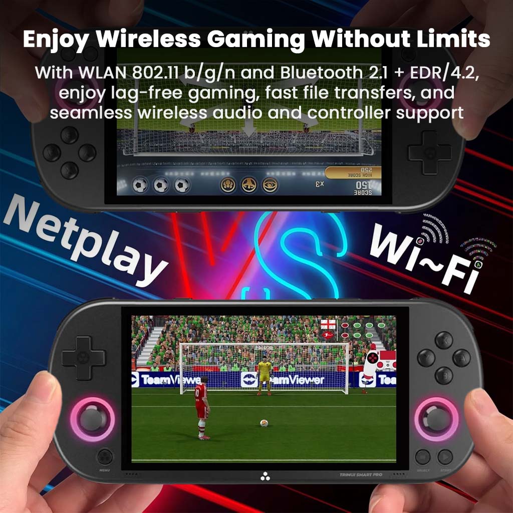 TRIMUI Smart Pro handheld console with WLAN 802.11 b/g/n and Bluetooth 2.1 + EDR/4.2, enabling seamless wireless gaming, file transfers, and audio streaming.